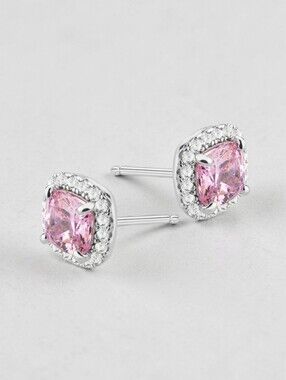 Cute Pink Cubic Zirconia Halo Square Stud Earrings